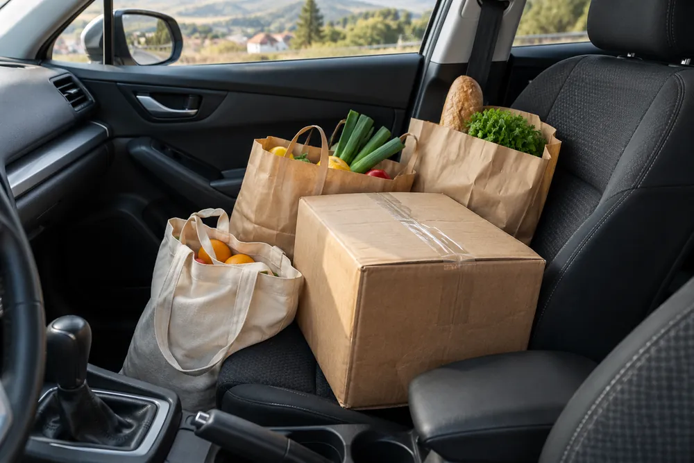 Bolsas de la compra y una caja pesada sueltas en el asiento del acompañante.