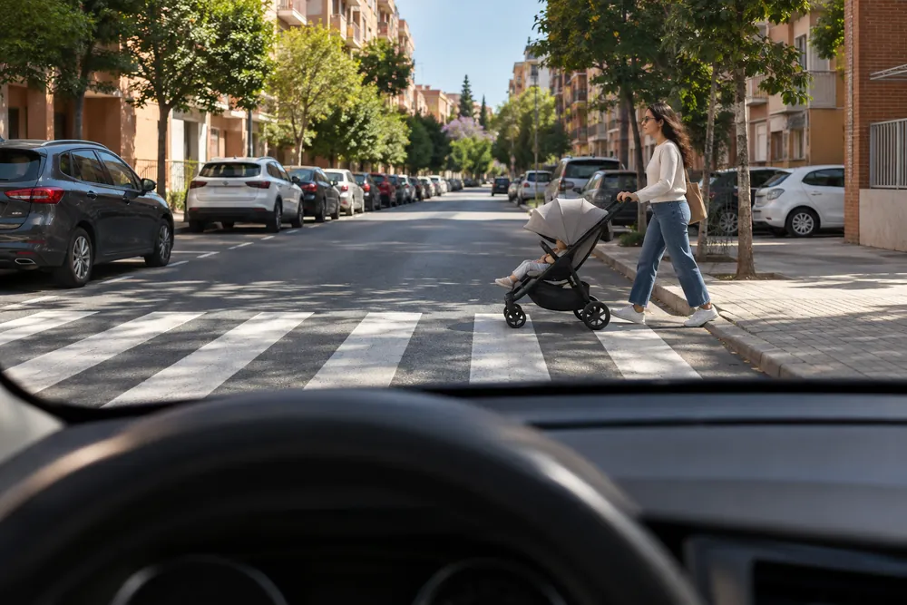 Persona empujando un carrito de bebé que asoma a la calzada por un paso de cebra.