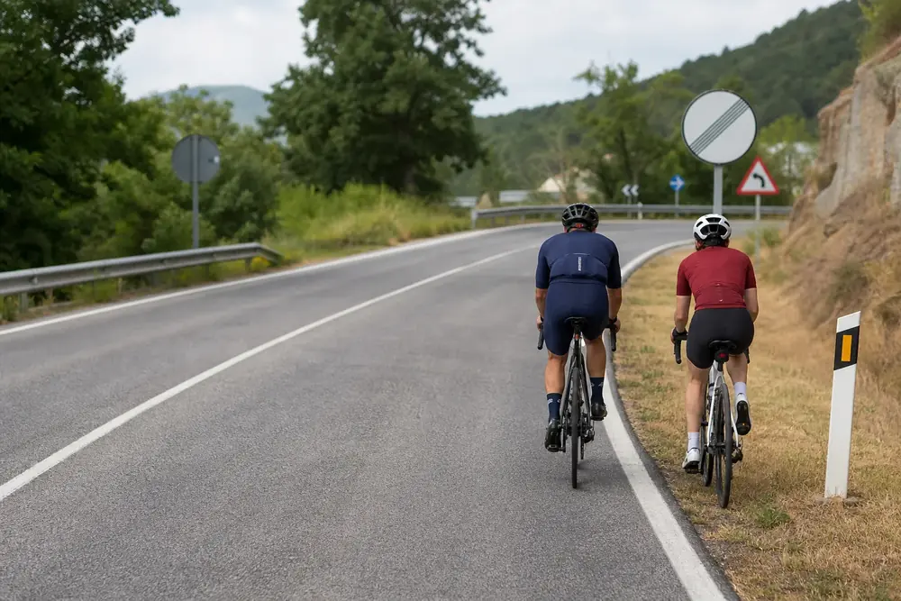 Dos ciclistas circulando en paralelo por el borde derecho de la calzada