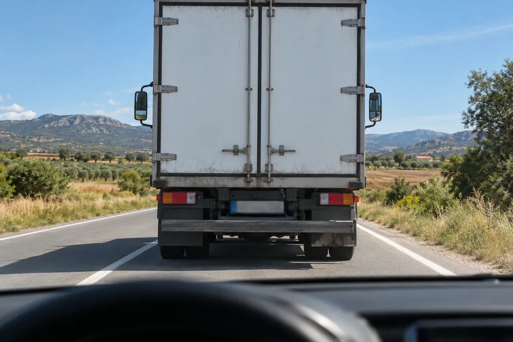 Turismo circulando detrás de un camión que tapa la vista de la carretera.