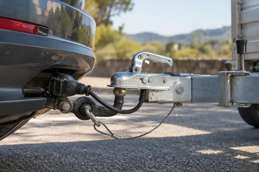 Bola de enganche de un turismo con un remolque acoplado y su cable de seguridad.