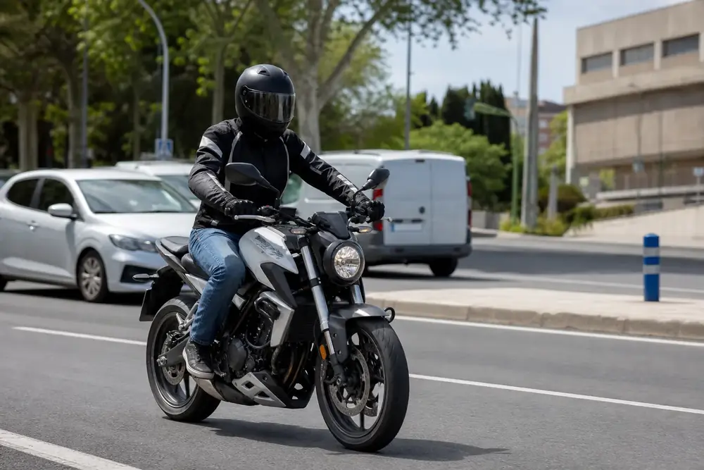 Motocicleta circulando entre el tráfico de una avenida urbana