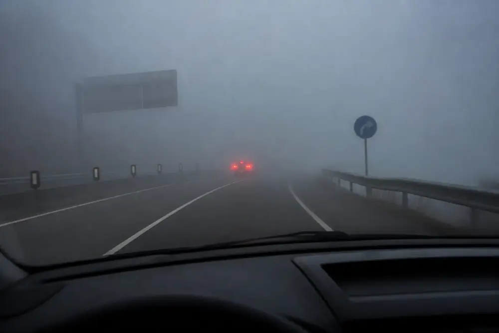 Carretera cubierta por niebla densa con visibilidad muy reducida