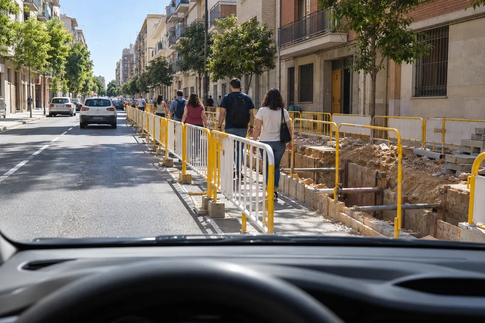 Obra en la acera que desvía a los peatones por un pasillo vallado junto a la calzada.