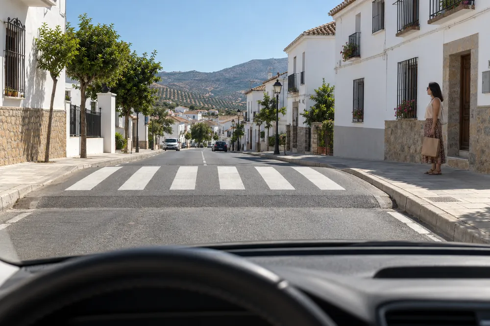 Paso de peatones elevado en una travesía con una persona esperando en el bordillo para cruzar.