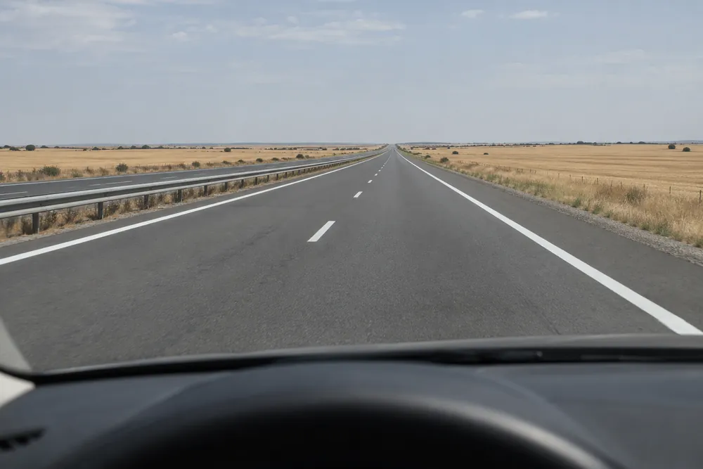 Autovía recta y monótona hasta el horizonte, vista desde el puesto de conducción.